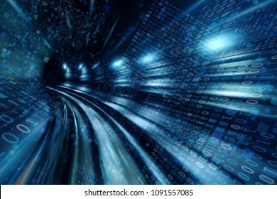 High Speed With Binary Code Numbers On Motion Blurred Path Or Track, Speed And Faster Digital Matrix Technology Information Concept.