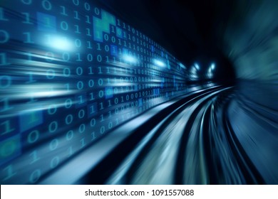 High Speed With Binary Code Numbers On Motion Blurred Path Or Track, Speed And Faster Digital Matrix Technology Information Concept.