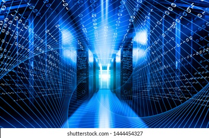 High speed with binary code numbers on motion blurred path or track in server data center, speed and faster digital matrix technology information concept.