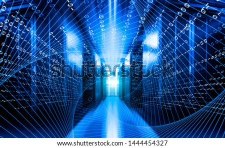 High speed with binary code numbers on motion blurred path or track in server data center, speed and faster digital matrix technology information concept.