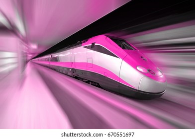 High Speed Bullet Train Traveling Past A Station In A Fast Blur