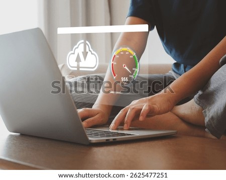 High speed internet connection with internet speed test, to send data on cloud or online server database on high speed internet on your laptop, high speed internet concept.