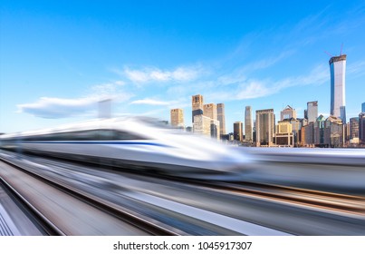 High Speed Rail With Cityscape In Beijing China