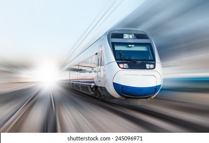 High Speed Train Runs On Rail Tracks - Train In Motion