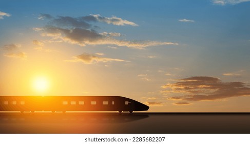 High speed train silhouette in motion at sunset. Fast moving modern passenger train on railway platform. Commercial transportation. - Powered by Shutterstock