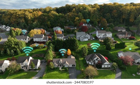 High speed wifi internet connection with Wi-Fi symbols over residential homes in american suburban neighborhood. Graphic. Aerial shot