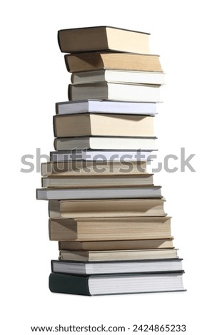 High stack of many different books isolated on white
