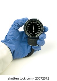 High, Stage 1, Systolic Blood Pressure Reading Showing In A Sphygmomanometer Isolated On White