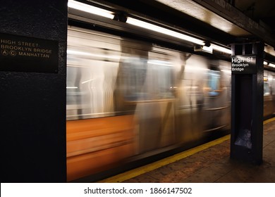 High Street Brooklyn Bridge To Manhattan Subway Station With Metro Train In Motion In New York City, United States