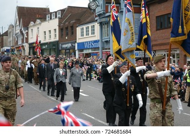 High Street, Dorking Town, Surrey, United Kingdom, 29 September 2017: A Military Salute For The Farewell Parade For Headley Court Defence Medical Rehabilitation Centre.