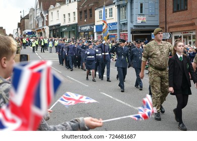 High Street, Dorking Town, Surrey, United Kingdom, 29 September 2017: A Military Salute For The Farewell Parade For Headley Court Defence Medical Rehabilitation Centre.