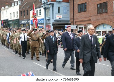 High Street, Dorking Town, Surrey, United Kingdom, 29 September 2017: A Military Salute For The Farewell Parade For Headley Court Defence Medical Rehabilitation Centre.