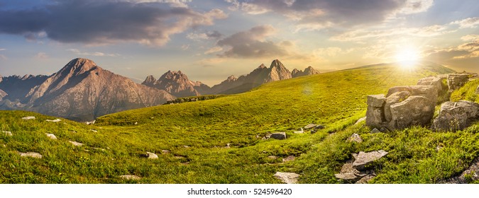 High Tatra mountain summer landscape. meadow with huge stones among the grass on top of the hillside near the peak of mountain range at sunset - Shutterstock ID 524596420