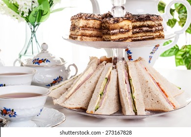 High Tea Set With Dessert. Focus On Sandwich