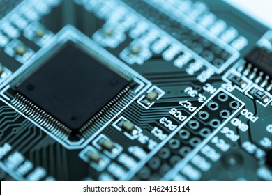 High Tech Abstract Background Of Close-up Details Of Semiconductor Electronic Cpu Chip.