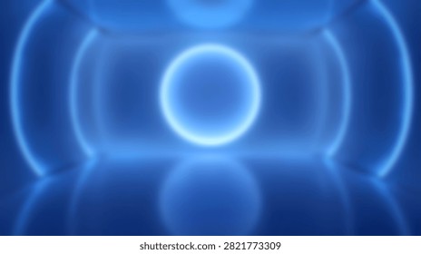 A high tech background featuring glowing blue neon rings and circular light effects in a dark virtual environment with reflections.