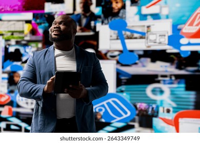 High tech black person connecting on web platforms with vibrant digital interfaces and data visualizations, showcasing mobile networking engagement. Social media web experience.