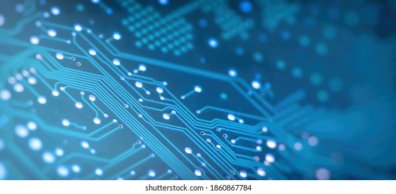 High Tech Circuit Board. Creative blurry blue circuit wallpaper. Technology and computing concept. Network Technology Background .