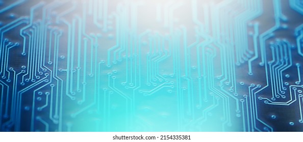 High Tech Circuit Board. Creative Blurry Blue Circuit Wallpaper. Technology And Computing Concept. Network Technology Background .