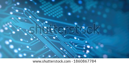 High Tech Circuit Board. Creative blurry blue circuit wallpaper. Technology and computing concept. Network Technology Background .