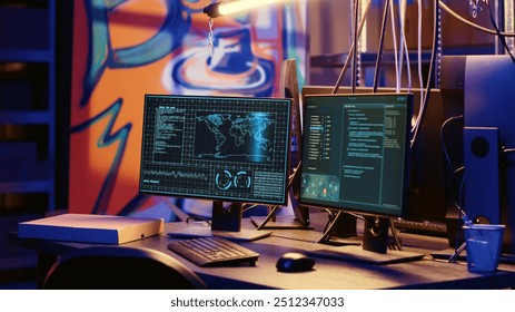 High tech computer system in hidden underground base used for international espionage. PC equipment used for intercepting soundwaves in empty hideout with graffiti painted walls - Powered by Shutterstock - Get 15% off with code: PIKWIZARD15