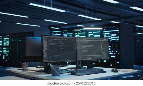 High tech data center with networking systems installed used for managing hardware. Code running on computer screens in technologically advanced server hub used for overseeing equipment, panning shot