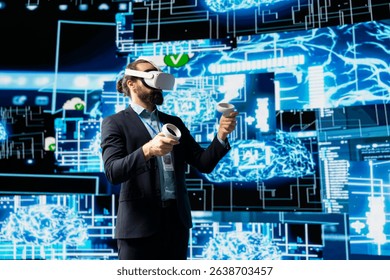 High tech expert uses vr glasses next to neural network AI brain system, using predictive analytics and cybernetics for machine learning concept. Cloud computing automation tools for innovation.
