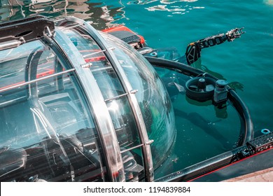 High Tech Mini Submarine, Preparing For Underwater Biology Research. Marine Life, Seeking Fish Species And Water Data.