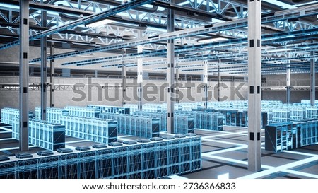 High tech server room infrastructure helping businesses manage databases and files, VFX overlay. Blue holographic digital twin scanning of blade servers in empty data center