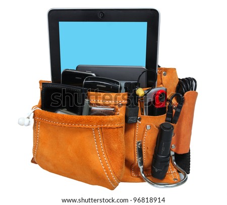 High Tech Tool Belt/Isolation against white of suede & leather tool belt with cell phones, PDAs, digital cameras & other high tech gizmos in place of traditional tools. Clipping path included.
