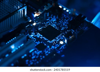 a high technology ai supercomputer, close up transisitor on the pcb board