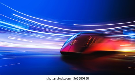 High Technology Computer Gaming Mouse Fast Moving  In Blue Tone With Stroke Of Lightning As Background 