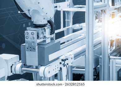 The high technology for material handling process the carton box by robotic arm in the light blue scene. The operation of packaging robot working at warehouse.