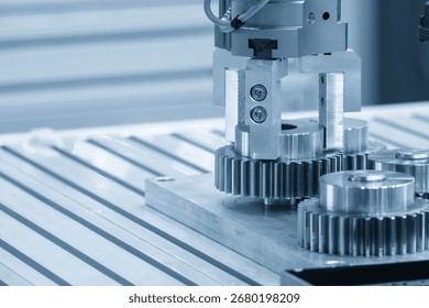 The high technology material handling process robotic system with metal gear parts in the blue tone. The logistic technology by robotic system. - Powered by Shutterstock - Get 15% off with code: PIKWIZARD15