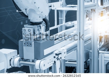 The high technology for material handling process the carton box by robotic arm in the light blue scene. The operation of packaging robot working at warehouse.