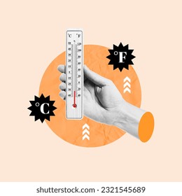 high temperatures, very hot, hand with thermometer, heat thermometer, degrees fahrenheit, degrees celsius, new maximum heat, temperature measurement, collage art, photo collage, conceptual art - Shutterstock ID 2321545689
