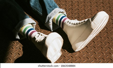 High Top White Sneakers On Model Casual Style