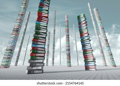 High Towers From Many Folders With Documents. The Concept Of Hard Work, Recycling, Bureaucracy, Archive, A Lot Of Data. Mixed Media.