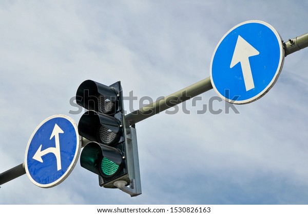 High\
traffic light and traffic signs on an urban\
avenue