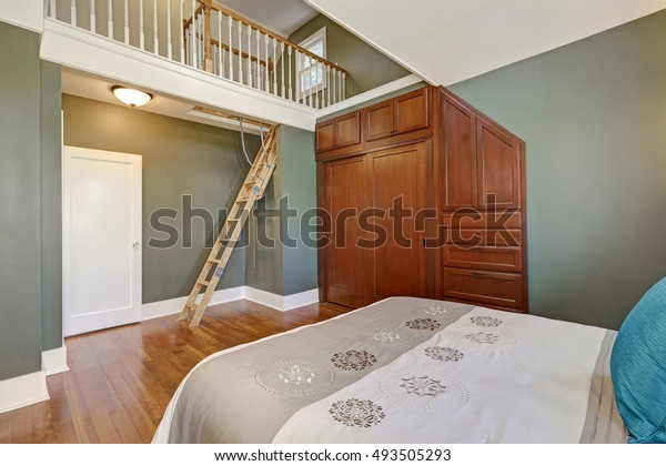 High Vaulted Ceiling Bedroom Interior Design Stock Photo