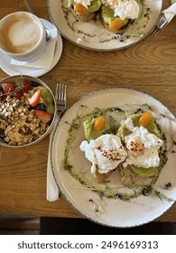 High up view of breakfast on a table