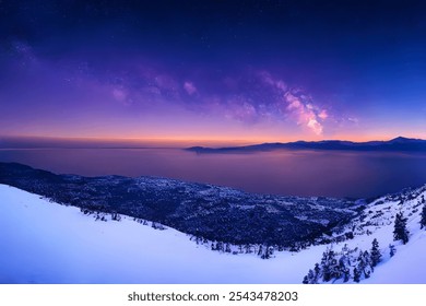 High view of colorful starry night sky over barren iced land and sea - Powered by Shutterstock