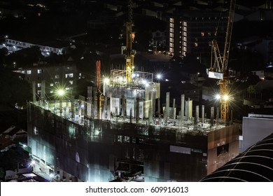 High view of the under construction building at night