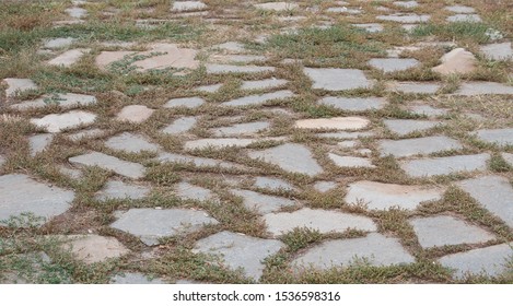 High Viewing Angle View Of A Cobblestone Unkempt Sidewalk, Between The Grass Grows With Pieces Of Small Debris