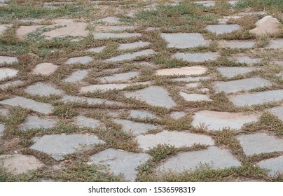 High Viewing Angle View Of A Cobblestone Unkempt Sidewalk, Between The Grass Grows With Pieces Of Small Debris