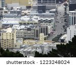 High viewpoint cityscape showing buildings in Courtenay Place, Wellington New Zealand