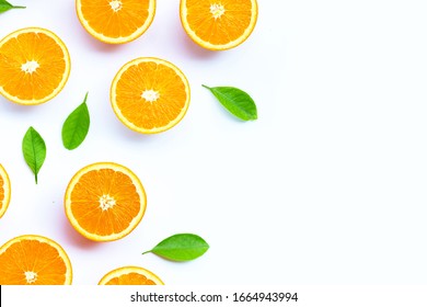 High Vitamin C, Juicy And Sweet. Fresh Orange Fruit On White Background.