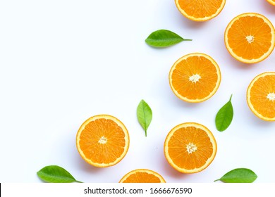 High Vitamin C, Juicy And Sweet. Fresh Orange Fruit On White Background.