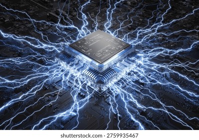 High Voltage AI Microchip Processor with Electric Energy Surge Circuit Board Background