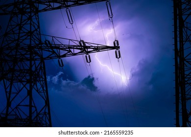 High Voltage Cable Tower In A Lightning Storm